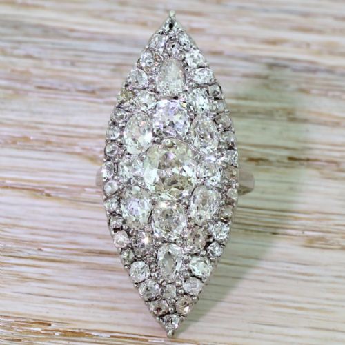 fig 1. Art Deco 6.85 Carat Old Cut Diamond Navette Cluster Ring, circa 1925