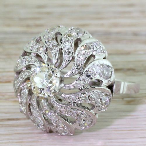 Edwardian 3.28 Carat Old Cut Diamond Bombé Cluster Ring, Circa 1910
