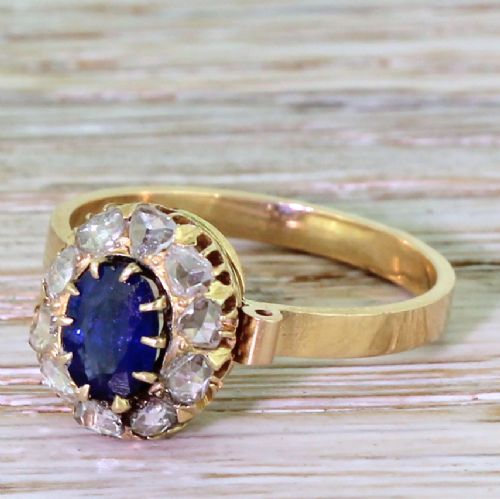 Art Deco 0.70 Carat Sapphire & Rose Cut Diamond Cluster Ring, Circa 1920
