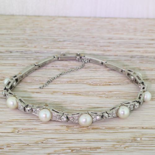 Mid Century Natural Saltwater Pearl & Diamond Bracelet, Circa 1945
