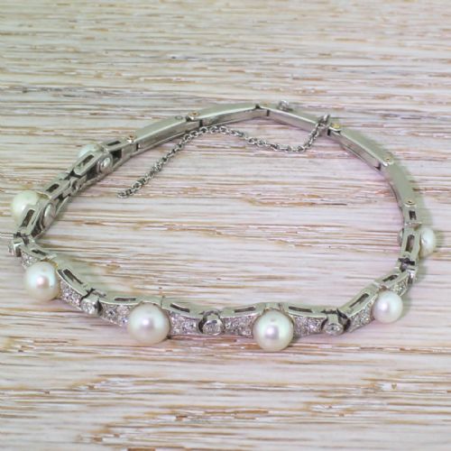 fig 1. Mid Century Natural Saltwater Pearl & Diamond Bracelet, circa 1945
