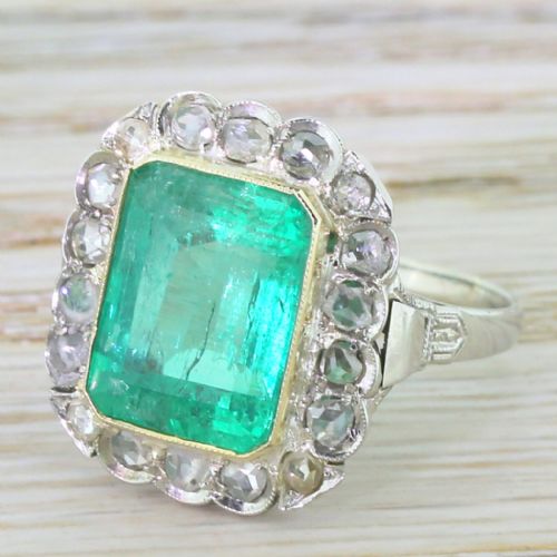 Art Deco 7.50 Carat Emerald & Rose Cut Diamond Cluster Ring, Circa 1930
