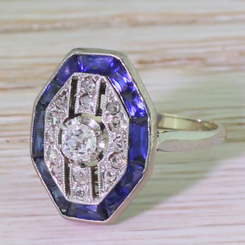 Art Deco Diamond & Calibré Cut Sapphire Ring, Circa 1940
