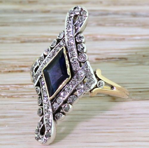 Art Nouveau Kite Cut Sapphire & Old Cut Diamond Ring, Circa 1910
