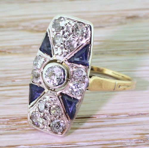 Art Deco Old Cut Diamond & Triangle Cut Sapphire Ring, Circa 1920
