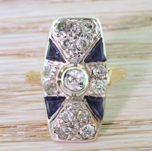 fig 1. Art Deco Old Cut Diamond & Triangle Cut Sapphire Ring, circa 1920