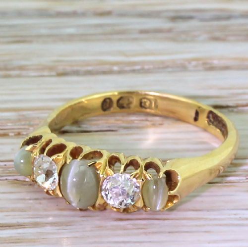 Victorian Cat’s Eye & Diamond Five Stone Ring, Dated 1897
