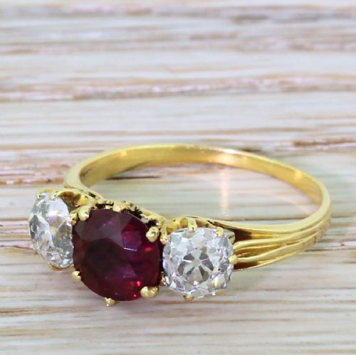 Victorian 1.60 Natural Ruby & Old Cut Diamond Trilogy Ring, Circa 1900

