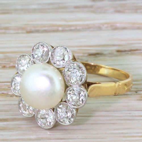 Art Deco Natural Button Pearl & Old Cut Diamond Cluster Ring, Circa 1920

