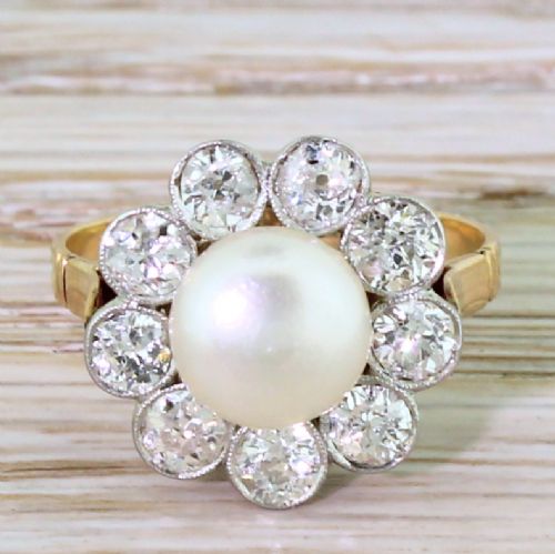 fig 1. Art Deco Natural Button Pearl & Old Cut Diamond Cluster Ring, circa 1920