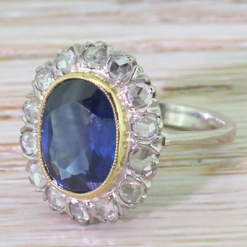 Mid Century 2.55 Carat Sapphire & Rose Cut Diamond Cluster Ring, Circa 1950