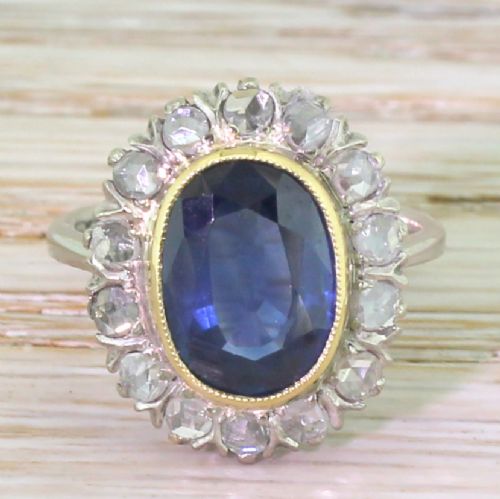 fig 1. Mid Century 2.55 Carat Sapphire & Rose Cut Diamond Cluster Ring, circa 1950