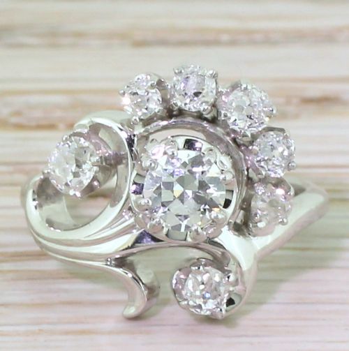 Jabel 1.03 Carat Old Cut Diamond “Flower” Ring, Circa 1945
