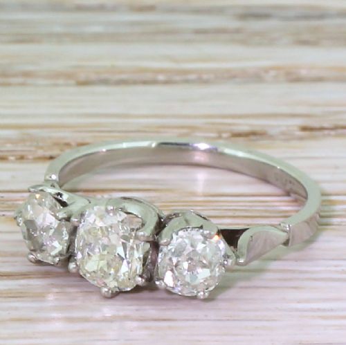 Art Deco 1.64 Carat Old Cut Diamond Trilogy Ring, Circa 1945
