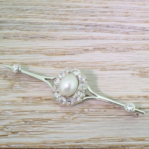 Art Deco Natural Pearl & 3.60 Carat Old Cut Diamond Pin Brooch, Circa 1920
