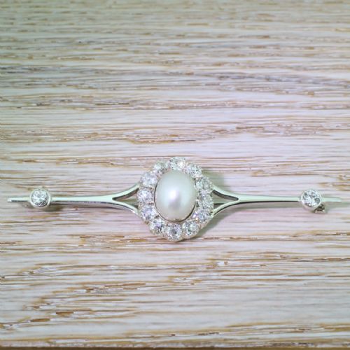 fig 1. Art Deco Natural Pearl & 3.60 Carat Old Cut Diamond Pin Brooch, circa 1920
