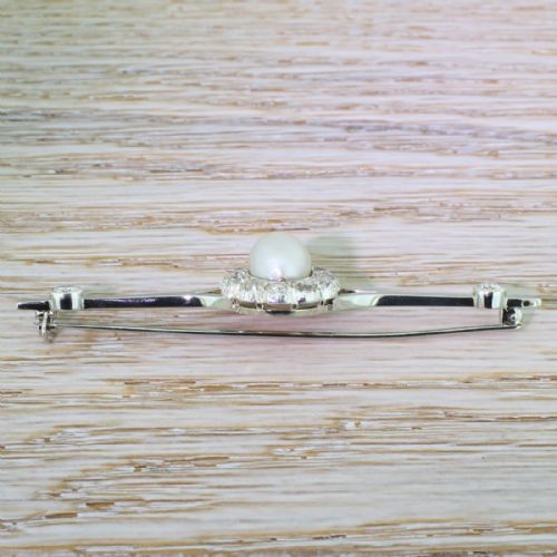 fig 2. Art Deco Natural Pearl & 3.60 Carat Old Cut Diamond Pin Brooch, circa 1920
