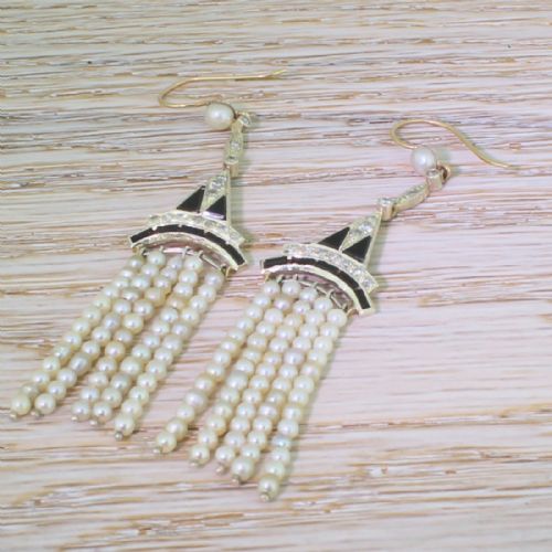 Art Deco Natural Pearl, Diamond & Onyx Chandelier Earrings, Circa 1930
