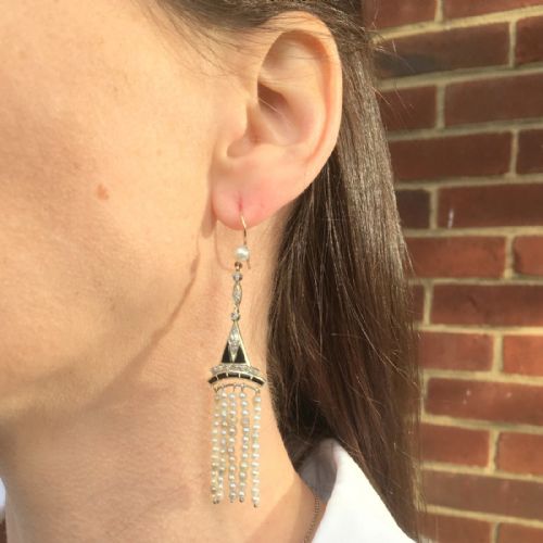 fig 1. Art Deco Natural Pearl, Diamond & Onyx Chandelier Earrings, circa 1930
