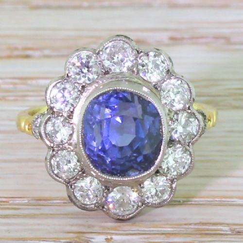 fig 1. Art Deco 5.76 Carat Natural Ceylon Sapphire & Old Cut Diamond Cluster Ring, circa 1925
