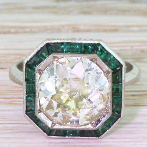 fig 1. Art Deco 2.91 Carat Old Cut Diamond & Calibré Cut Emerald Engagement Ring, circa 1930
