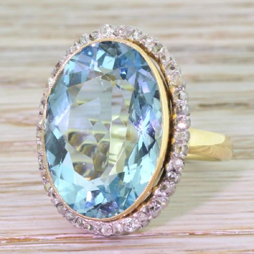 Retro 16.92 Carat Aquamarine & Rose Cut Diamond Cluster Ring, Circa 1945

