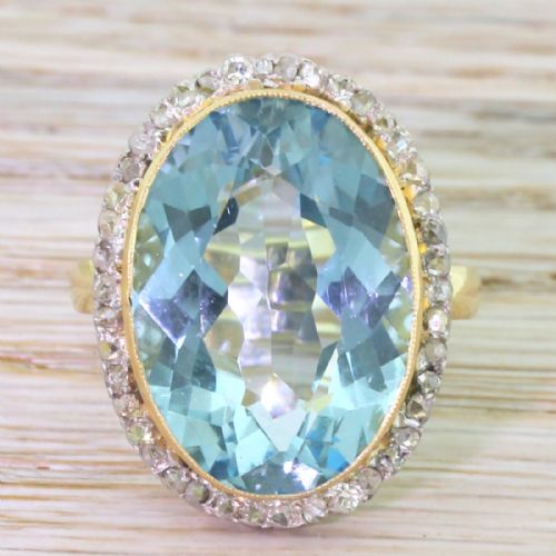 fig 1. Retro 16.92 Carat Aquamarine & Rose Cut Diamond Cluster Ring, circa 1945
