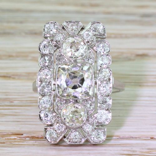 fig 1. Art Deco 3.05 Carat Old Cut Diamond Plaque Ring, circa 1920