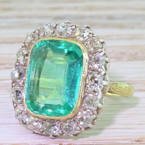 Edwardian 6.00 Carat Minor Oil Colombian Emerald & Old Cut Diamond Ring, Circa 1910
