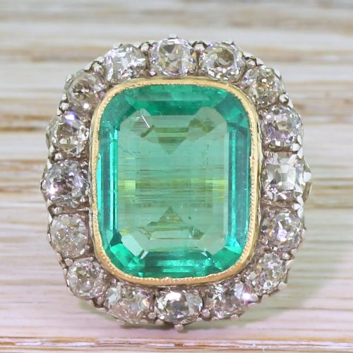 fig 1. Edwardian 6.00 Carat Minor Oil Colombian Emerald & Old Cut Diamond Ring, circa 1910
