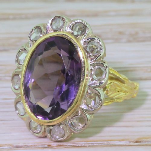 Art Deco 5.00 Carat Amethyst & Rose Cut Diamond Cluster Ring, Circa 1930
