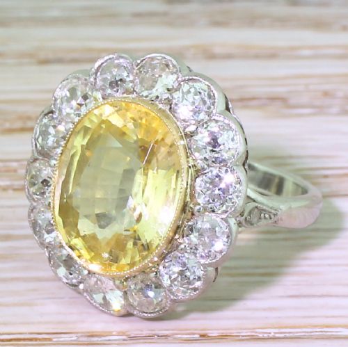 Retro 7.71 Carat Natural Ceylon Yellow Sapphire & Old Cut Diamond Ring, Circa 1945
