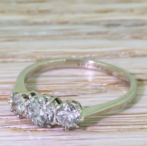 Art Deco 1.00 Carat Old Cut Diamond Trilogy Ring, Circa 1940
