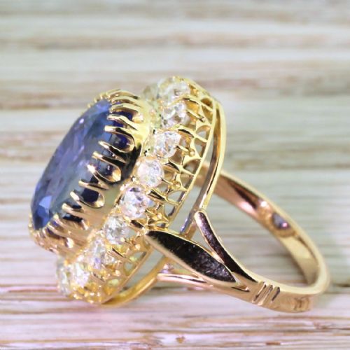 fig 2. Edwardian 10.44 Carat Natural Ceylon Sapphire & Old Cut Diamond Cluster Ring, circa 1905
