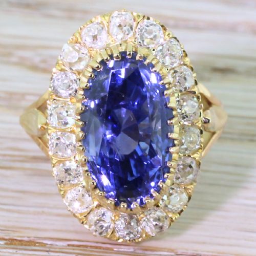 fig 1. Edwardian 10.44 Carat Natural Ceylon Sapphire & Old Cut Diamond Cluster Ring, circa 1905
