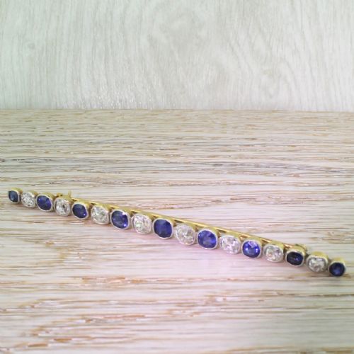 Edwardian 3.65 Carat Old Cut Diamond & Natural Sapphire Bar Brooch, Circa 1910
