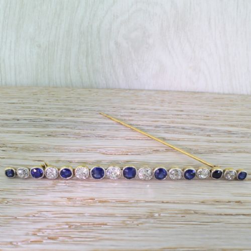 fig 1. Edwardian 3.65 Carat Old Cut Diamond & Natural Sapphire Bar Brooch, circa 1910
