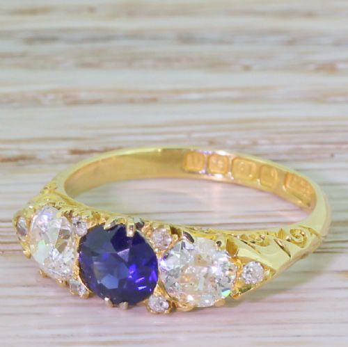 Edwardian Sapphire & Old Cut Diamond Three Stone Ring, Dated 1903
