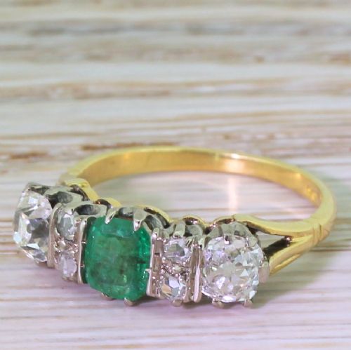 Art Deco Emerald & Old Cut Diamond Three Stone Ring, Circa 1935
