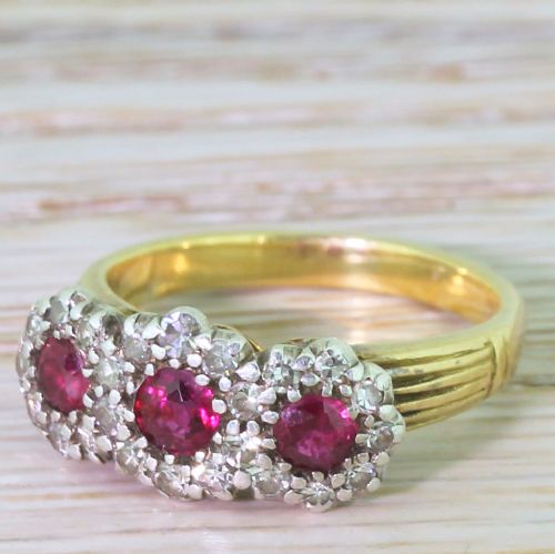 Art Deco Ruby & Diamond Triple Daisy Cluster Ring, Circa 1940
