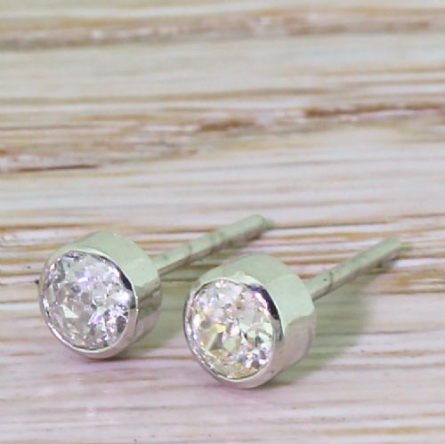 0.90 Carat Old Cut Diamond Stud Earrings, 18k White Gold
