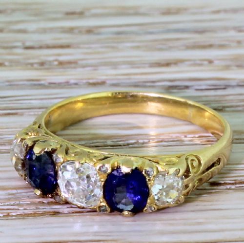 Victorian Old Cut Diamond & Sapphire Five Stone Ring, Circa 1900
