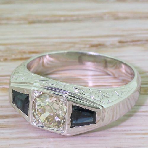 Art Deco 0.90 Carat Old Cut Diamond & Tapered Baguette Cut Sapphire Trilogy Ring, Circa 1930
