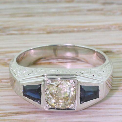 fig 1. Art Deco 0.90 Carat Old Cut Diamond & Tapered Baguette Cut Sapphire Trilogy Ring, circa 1930