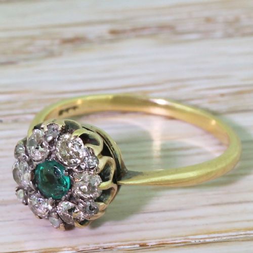 Edwardian Emerald & Old Cut Diamond Target Cluster Ring, Circa 1905
