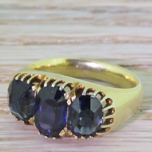 Victorian 3.50 Carat Natural Sapphire Three Stone Ring, Circa 1880