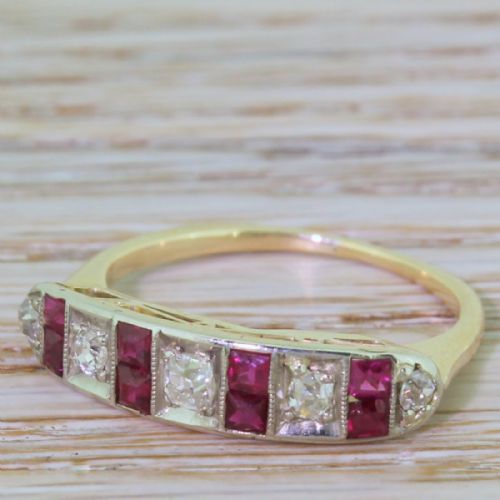 Art Deco Old Cut Diamond & Ruby Half Hoop Ring, Circa 1925
