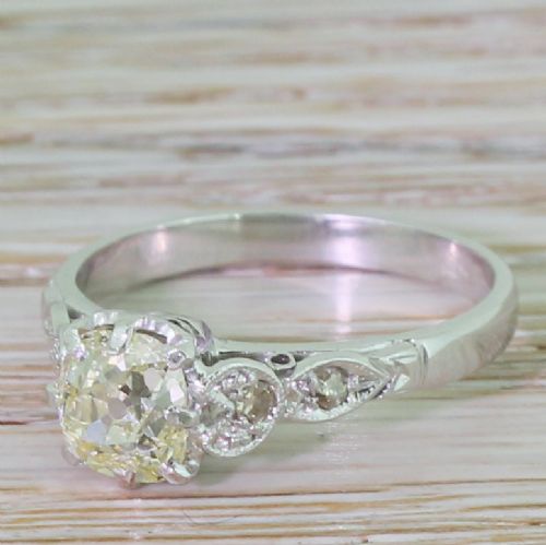 Mid Century 1.01 Carat Light Fancy Yellow Old Cut Diamond Engagement Ring, Circa 1950
