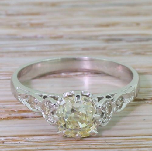 fig 1. Mid Century 1.01 Carat Light Fancy Yellow Old Cut Diamond Engagement Ring, circa 1950
