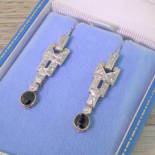 Art Deco Diamond & Sapphire Drop Earrings, Circa 1920

